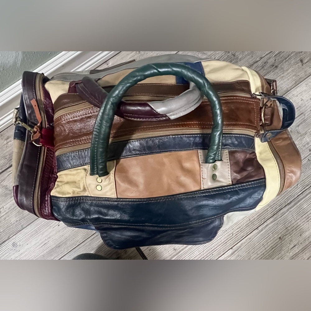 Vintage 60 70’s Patchwork 100% Genuine Leather Duffel Travel Bag Vacation Retro - Picture 6 of 16